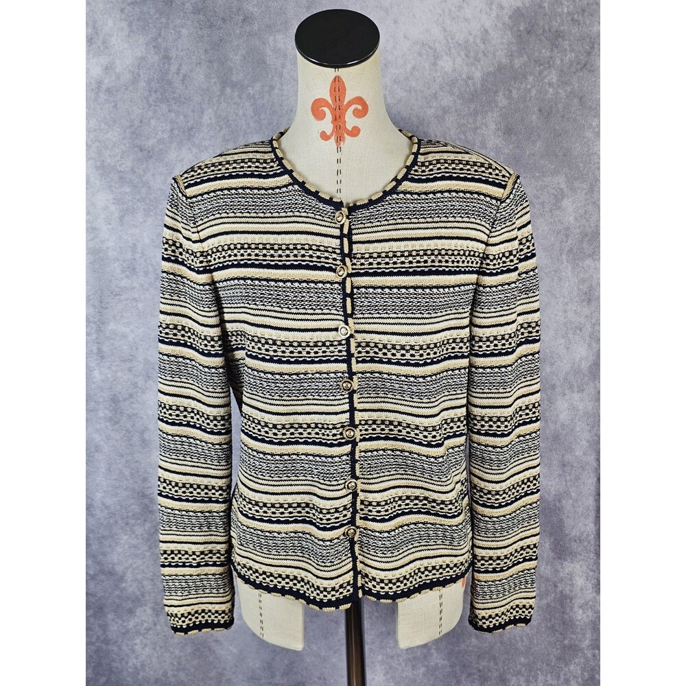 Beautiful VTG St. John Womens M Striped Metallic Knit Jacket Black Tan White EUC